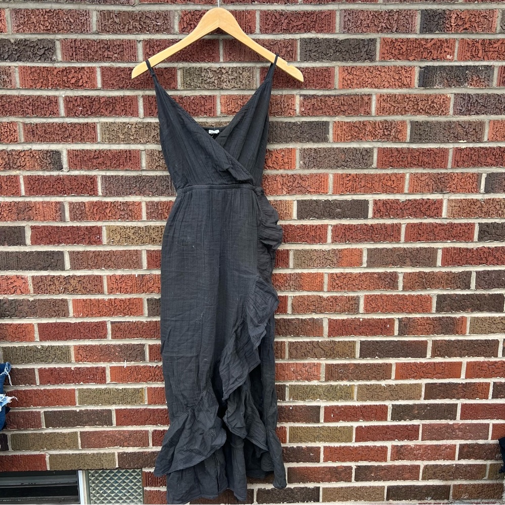 Aerie Washed Black Surplice Ruffle Side V Neck Spaghetti Strap Maxi Dress